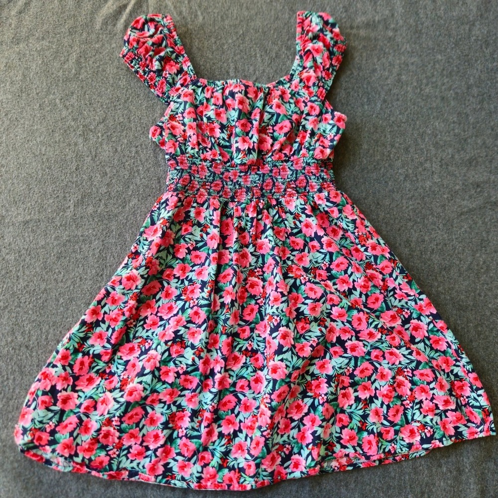 Old Navy Womens XS Floral Smocked Waist Mini Dress Pink Teal Cottage Milkmaid - Picture 2 of 7